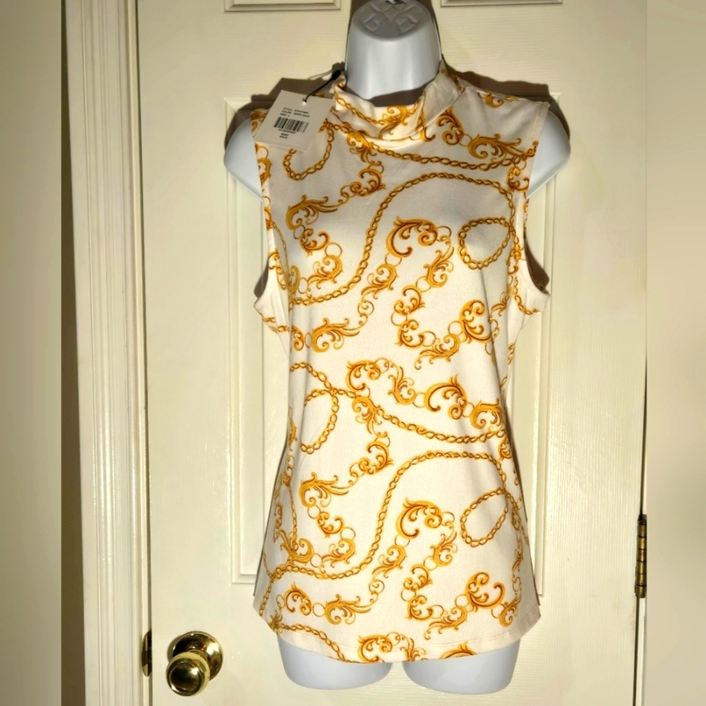 Alex & Parker $50 Sleeveless High Neck Mock Turtleneck Top White Gold Chain